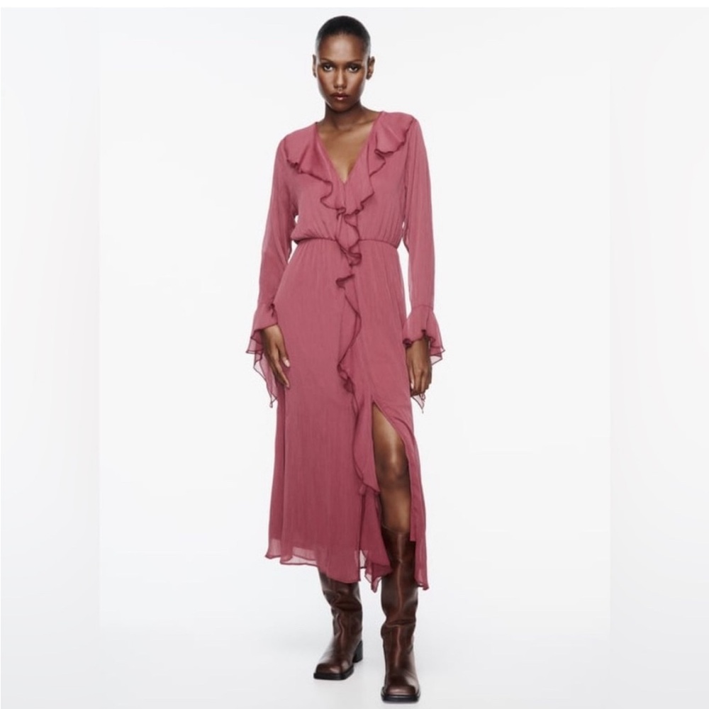 Women’s Zara NWT Ruffled Georgette Midi Lined Dress Slit In From Hem To Knee